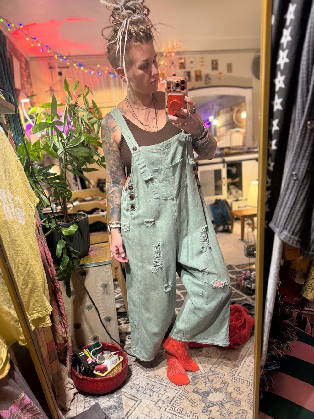 Easel Mint Green Distressed Women's Denim Overalls